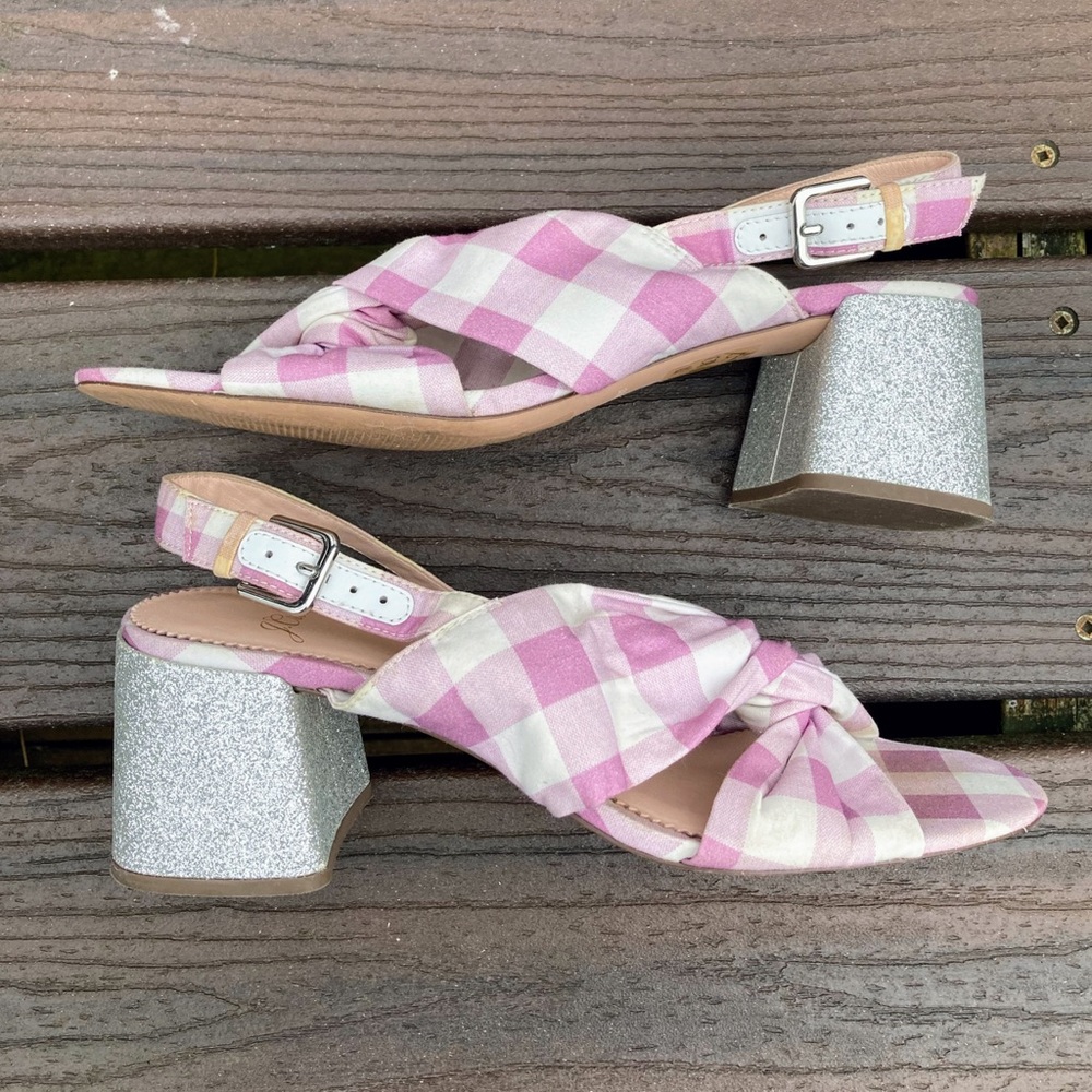J. Crew JCrew Twisted Knot Penny Sandals Gingham Purple Silver Glitter Heel 8.5 - Picture 7 of 11